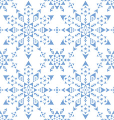 Christmas geometric snowflake and stars vector seamless pattern, winter textile or fabric print in blue on white background
 
