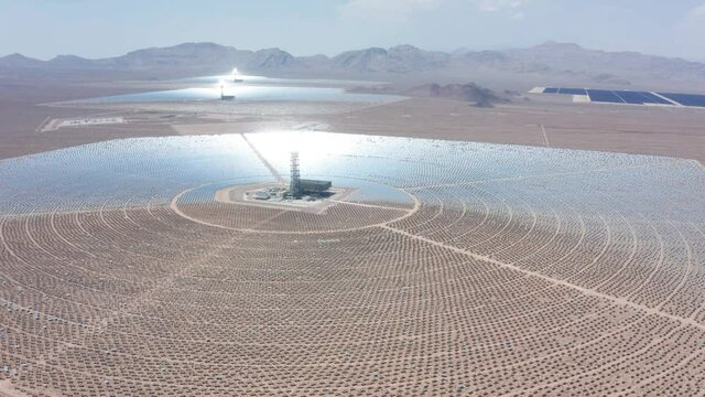 World Largest Solar Thermal Power Plant. Alternative Energy Solar Thermal Power Station. Ecology solar power station panels. Aerial view of a modern concentrated solar power plant. 
