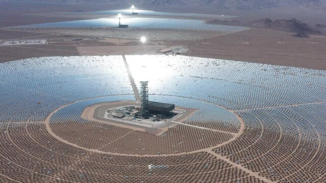World Largest Solar Thermal Power Plant. Alternative Energy Solar Thermal Power Station. Ecology solar power station panels. Aerial view of a modern concentrated solar power plant. 