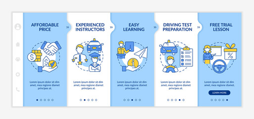 Driving school benefits onboarding vector template. Responsive mobile website with icons. Web page walkthrough 5 step screens. Driver education advantages color concept with linear illustrations