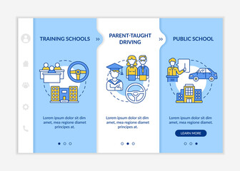 Driver education for teens onboarding vector template. Responsive mobile website with icons. Web page walkthrough 3 step screens. Driving coures for underaged color concept with linear illustrations