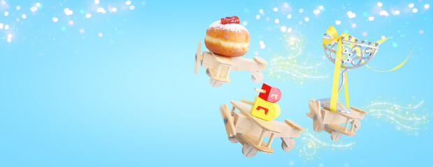 Religion image of jewish holiday Hanukkah background with menorah (traditional candelabra), doughnut and driedels