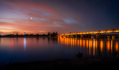 Sunset at the Danube river in Budapest, Hungary during a hot evening in the summer