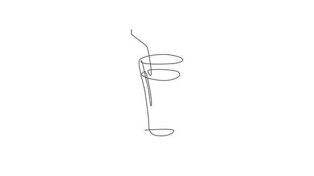 Animated self drawing of continuous line draw fresh sweet soft drink on glass with ice cube logo emblem. Drinking cafe shop logotype template concept. Full length single line animation illustration.