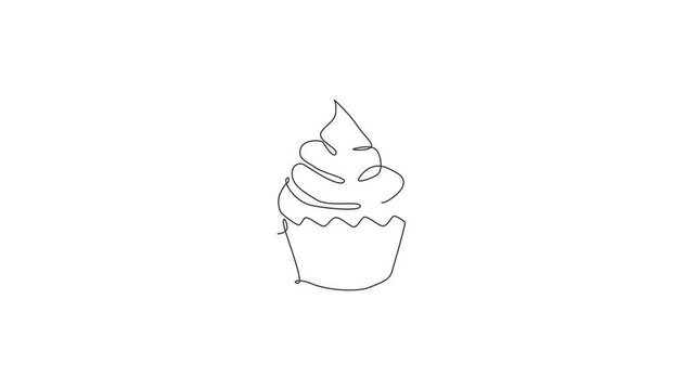 Animated self drawing of one continuous line draw fresh delicious American muffin cookies restaurant logo emblem. Sweet pastry online shop logotype template concept. Full length single line animation.
