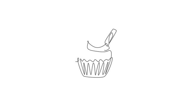 Animated self drawing of one continuous line draw fresh sweet delicious American muffin with wafer stick logo emblem. Cookies cafe shop logotype template concept. Full length single line animation.