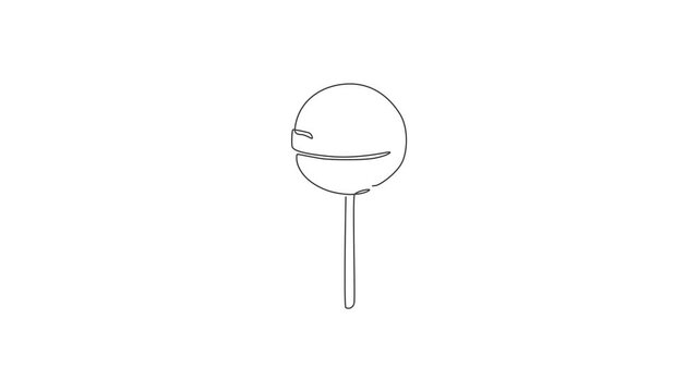 Animated self drawing of one continuous line draw sweet delicious online round lollipop candy shop logo emblem. Confectionery store logotype template concept. Full length single line animation.