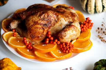 Traditional festive dinner with delicious roasted turkey served on table