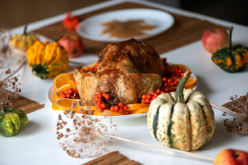 Traditional festive dinner with delicious roasted turkey served on table