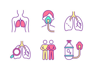 Lungs health care RGB color icons set. Pulmonary rehabilitation. Respiratory treatment. Oxygen tank. Breathing therapy. Isolated vector illustrations. Simple filled line drawings collection