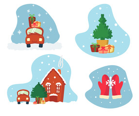 Beautiful snowflakes. A set of story cards for Christmas and New Year. A car with a house, Christmas tree, New Year gifts. Festive and joyful atmosphere, emotions. Vector illustration in a flat style.