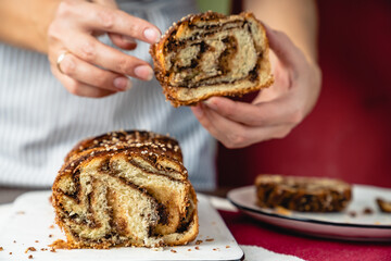 chocolate cake babka on a plate hand taste