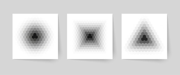 Vector geometric halftone backgrounds. Abstract low poly logo design. Set of monokchrome kaleidoscope patterns. - obrazy, fototapety, plakaty