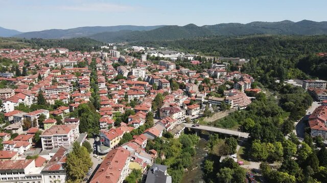 Amazing Aerial view of center of town of Troyan, Lovech region, Bulgaria 