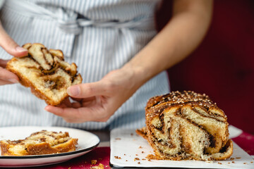 chocolate cake babka on a plate rose color