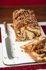chocolate cake babka on a plate rose color