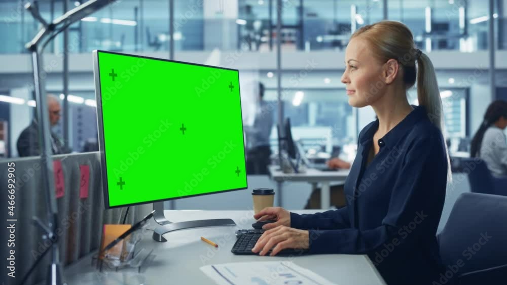 Fototapete diverse modern office: confident businesswoman using desktop computer with green screen mock up disp