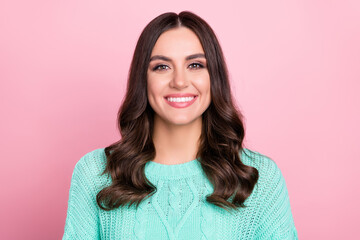 Photo of cool brunette millennial lady wear teal sweater isolated on pink color background