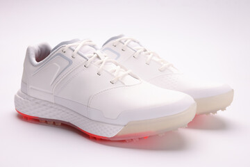 Fashionable women's white sneakers with laces on a paper sheet