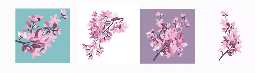 4 branches of a flowering tree Set of abstract spring twigs and flowers for postcards, wrapping, wallpaper, fabrics