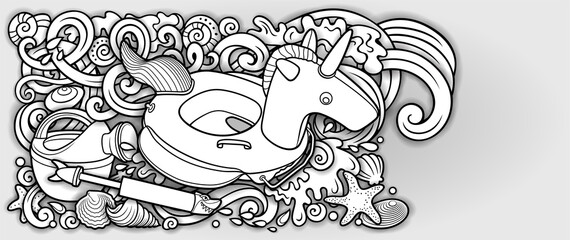 Cartoon cute doodles hand drawn summer beach children's entertainment illustration.