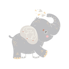 Baby shower vector Illustration with cute hand drawn elephant and hearts on white. Adorable little african animal for fashion print, kids wear, nursery, poster, invitation, greeting card design