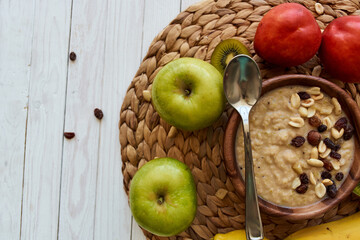 fruit dessert breakfast cereals vitamins organic wood background