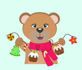 Cute cartoon illustration of teddy bear holding Christmas cookies.