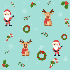 Christmas pattern with Santa Claus and Christmas deer, Christmas wreath and snowflakes. Background for gift wrapping