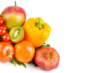 Vegetables and fruits isolated on a white. Free space for text.