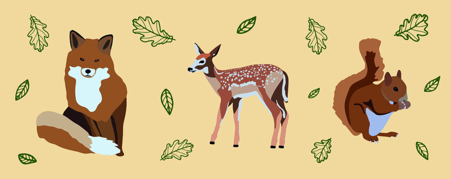 Animals and leaves. Fox, deer and squirrel. Perfect wild forest animal for automn. Vector illustration. All elements are editabled and isolated.	