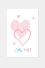 I love you card, lettering with wto hearts. Hand written lettering. Vector phrase and Flat hearts isolated. Valentine's Day or Wedding posters, tshirt print, card, banner, invitation, greeting card.