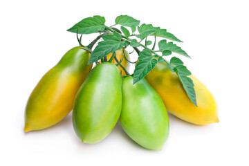 Green and yellow plum tomatoes isolated on white