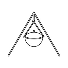 The hiking bowler hat icon. A pot on a strut for cooking in conditions of hiking or camping on an open campfire. Vector illustration isolated on a white background for design and web.