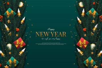 happy new year banner with realistic decoration.