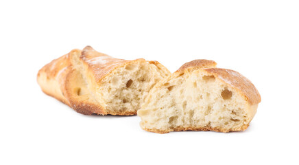 Pieces of fresh baguette on white background