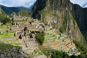 View of Machu Picchu ruins in Peru. Archaeological site, UNESCO World Heritage. - 466696504