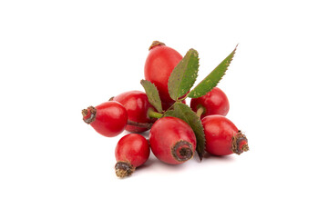 The rosehip isolated on white background. Fresh raw berries with leaves.