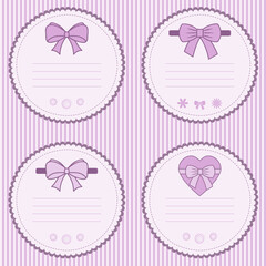 set of four tags for childrens goods on a striped background, flat vector graphics, pink palette