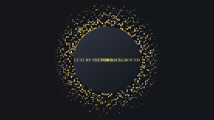 Fototapeta premium Black elipse and gold halftone glitter dots background. Golden confetti glitter on black gradient background. Luxury vector illustration for your design.