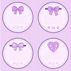 set of four tags for childrens goods on a striped background, flat vector graphics, pink palette