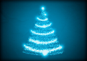 Felicitación azul de navidad con árbol de navidad iluminado.