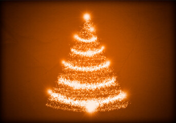 Felicitación naranja de navidad con árbol de navidad iluminado.