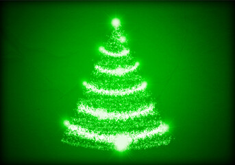 Felicitación verde de navidad con árbol de navidad iluminado.