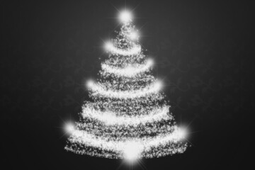 Felicitación gris de navidad con árbol de navidad iluminado.