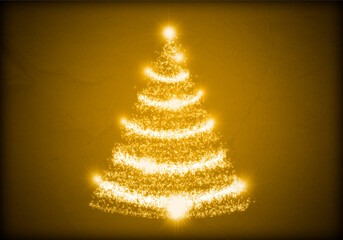 Felicitación amarillo de navidad con árbol de navidad iluminado.
