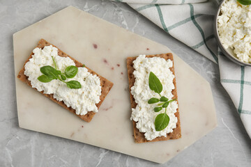 Crispy crackers with cottage cheese and basil on light grey marble table, flat lay