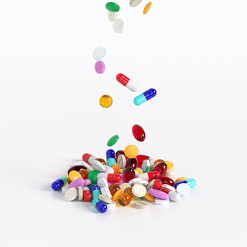 Different tablets and pills falling from above in a heap on a white background. Production of drugs. Medical theme. 3d rendering. 