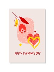 Happy Valentine's Day abstract poster with flower, heart and geometric shapes. Trendy collage style for wall art decoration, postcard, cover design invitations for lovers holidays.