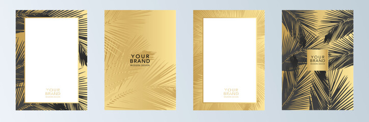 Tropical cover design set with palm branch and golden leaf on background. Holiday black and gold exotic pattern for vector business, sale, wedding card, luxury menu template, summer holiday poster.